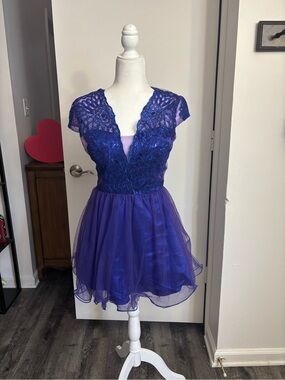 Juniors Royal blue and Purple Embroidered Tulle Party Dress